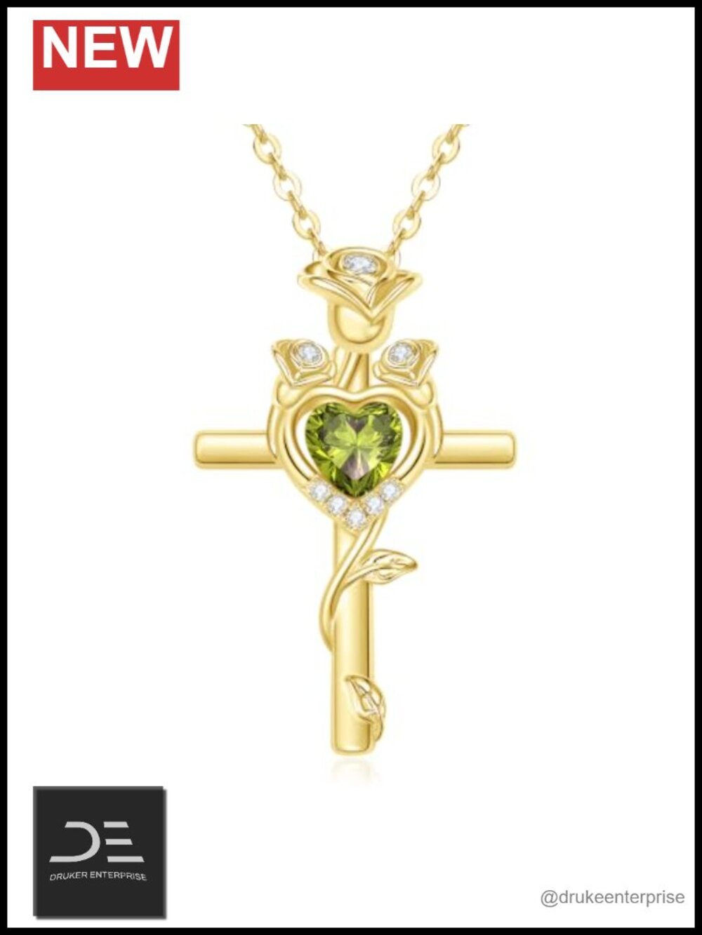 14k Gold Plated Rose Cross Birthstone Pendant Necklace for Women